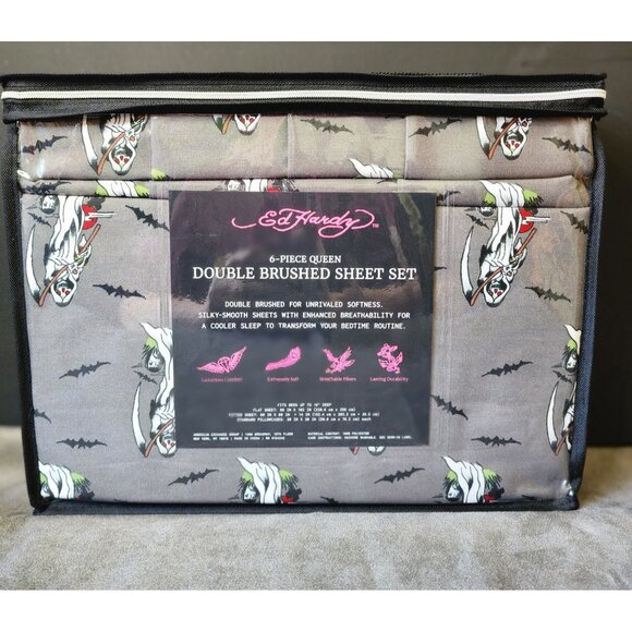 Ed Hardy Grim Reaper 6 Piece Queen Double Brushed Sheet Set - Picture 2 of 6